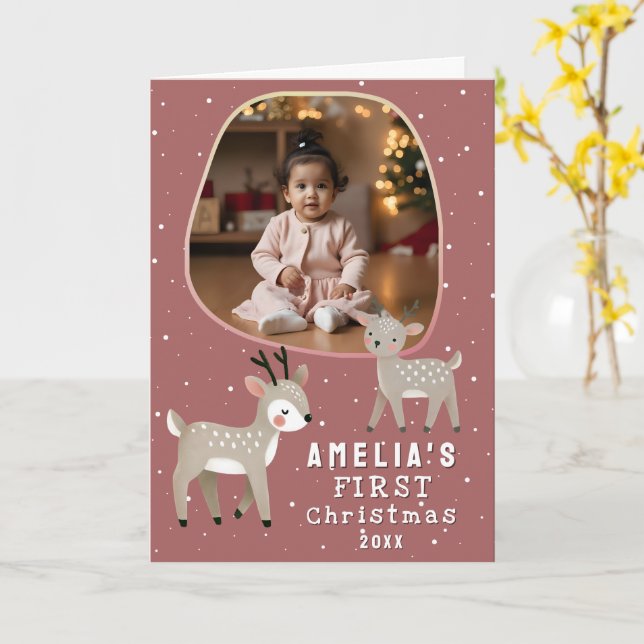 Cute Baby's 1st Christmas Photo Reindeer Holiday Card (Yellow Flower)