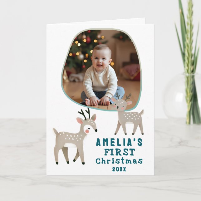 Cute Baby's 1st Christmas Photo Reindeer Holiday Card (Front)