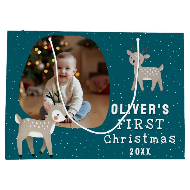 Cute Baby's 1st Christmas Photo Reindeer Large Gift Bag (Back)