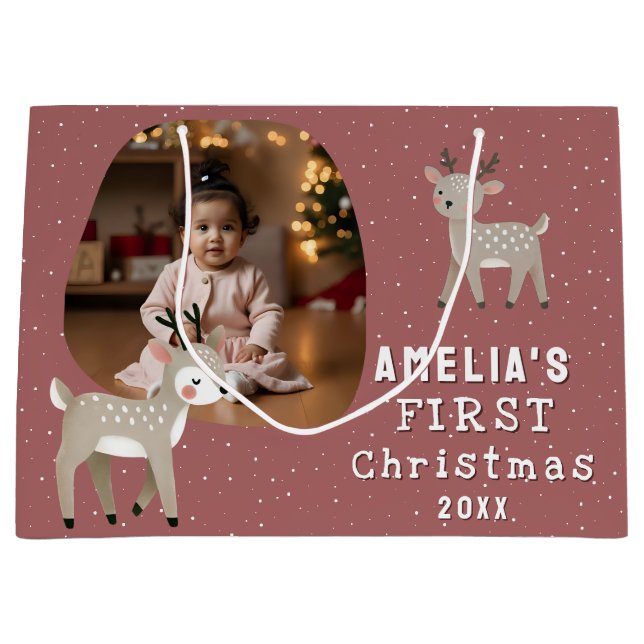 Cute Baby's 1st Christmas Photo Reindeer Large Gift Bag (Front)