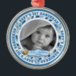 Cute Baby's 1st Hanukkah Dreidels Photo Name Metal Ornament<br><div class="desc">Sweet photo design featuring the words "Baby's 1st Hanukkah" in the round interspersed with dreidel toys. Baby's name and year for you to personalise is flanked on either side with a Menorah and the Star of David (removeable object images). Commemorate this momentous occasion with a keepsake you can cherish for...</div>
