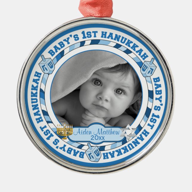 Cute Baby's 1st Hanukkah Dreidels Photo Name Metal Ornament (Front)