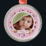 Cute Baby's 1st Hanukkah Dreidels Photo Name Metal Ornament<br><div class="desc">Sweet photo design featuring the words "Baby's 1st Hanukkah" in the round interspersed with dreidel toys in a pink on pink color theme for a baby girl. Baby's name and year for you to personalize is flanked on either side with a Menorah and the Star of David (removeable object images)....</div>