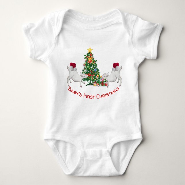 Cute Baby's First Christmas Baby Goats and Tree Baby Bodysuit (Front)