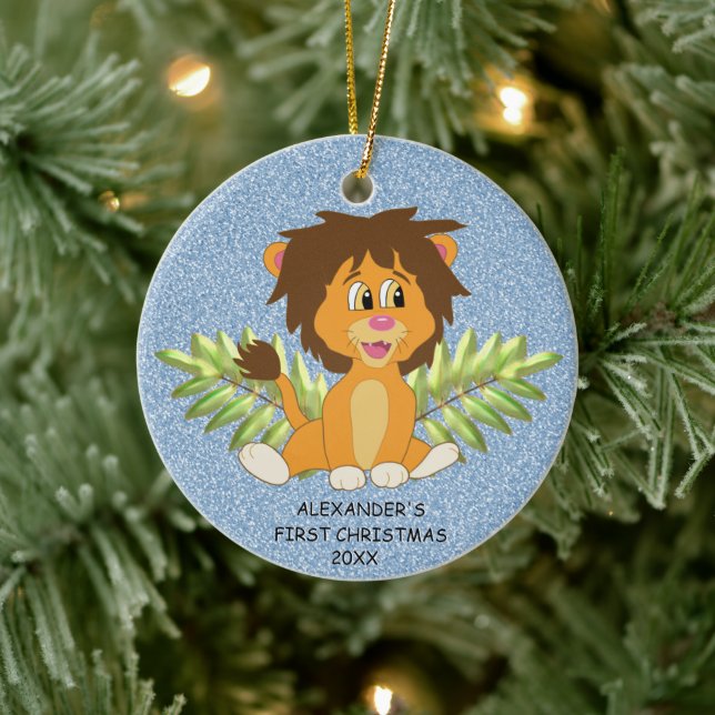 Cute Baby's First Christmas Boy Lion Ceramic Ornament (Tree)
