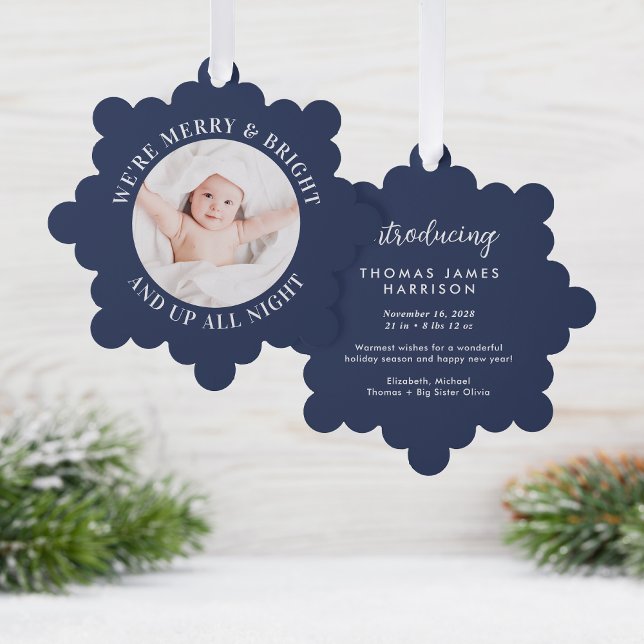 Cute Babys First Christmas Photo Blue Holiday Tree Decoration Card (A beautiful and unique way to introduce family and friends to your baby this holiday season)