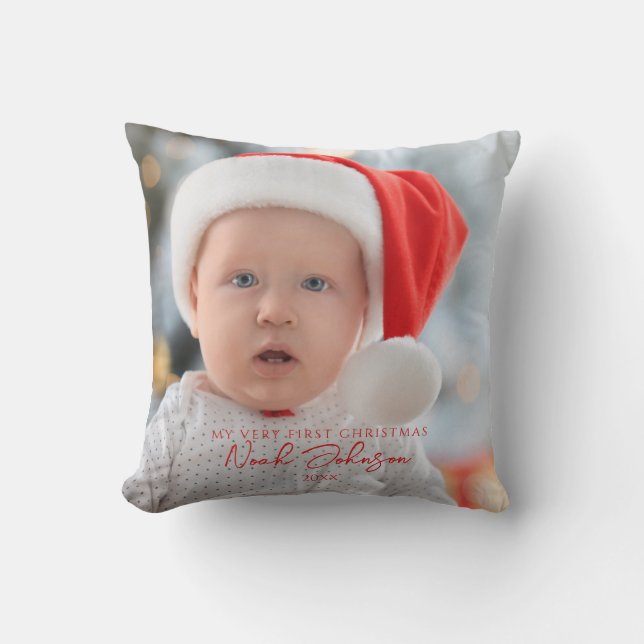 Cute Baby's First Christmas Photo White Cushion (Front)