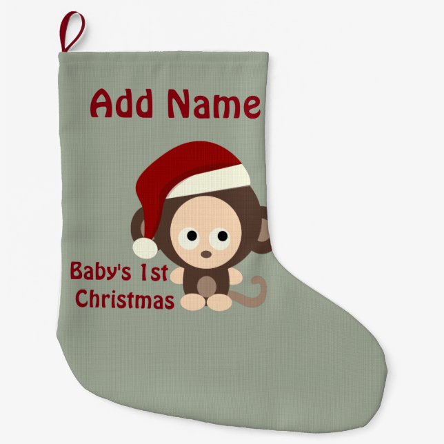 Cute Baby's First Christmas Santa Monkey Large Christmas Stocking (Front)