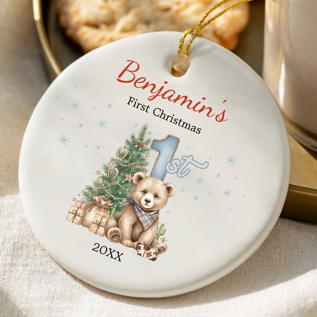 Cute baby's first Christmas tree blue teddy bear Ceramic Ornament (Creator Uploaded)