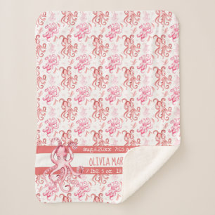 Cute Baby's Name Coral and Pink Watercolor Octopus Sherpa Blanket