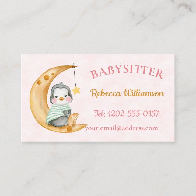 Cute Babysitter Penguin Moon Pink   Business Card (Front)