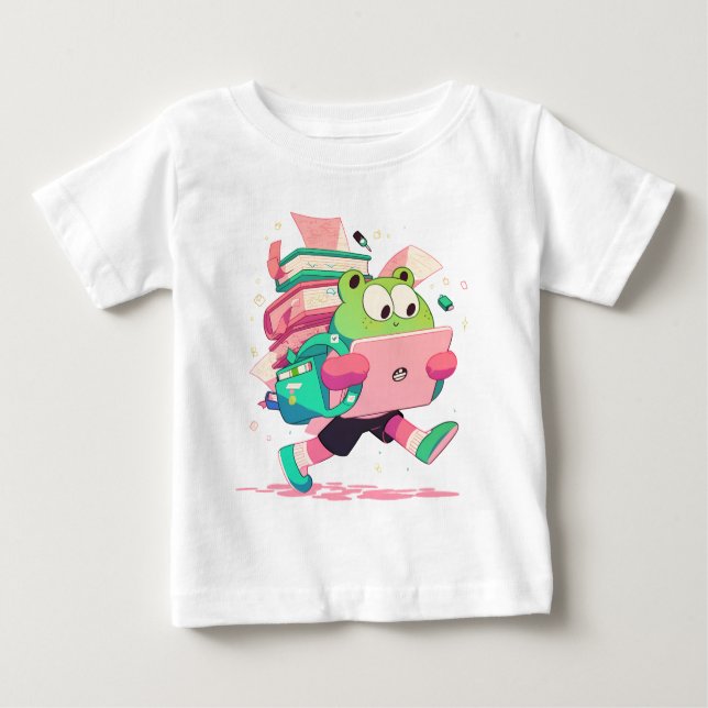 Cute Back to School Frog with Books and Backpack Baby T-Shirt (Front)