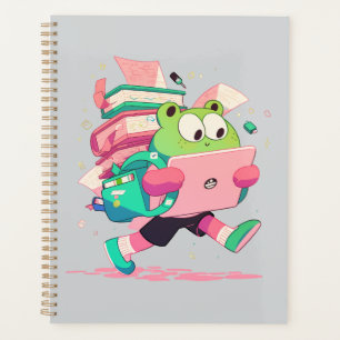 Cute Back to School Frog with Books and Backpack Planner