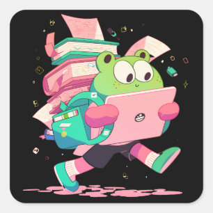 Cute Back to School Frog with Books and Backpack Square Sticker