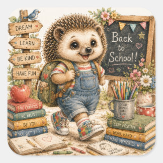 Cute Back To School Hedgehog Watercolor Art Square Sticker