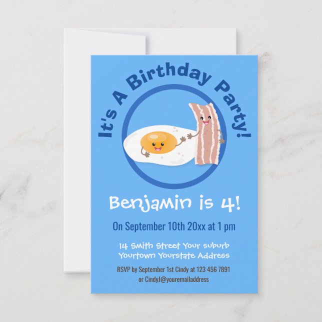 Cute bacon and egg cartoon illustration invitation (Front)