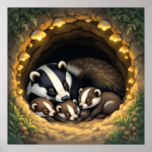 Cute Badger Family Napping Poster