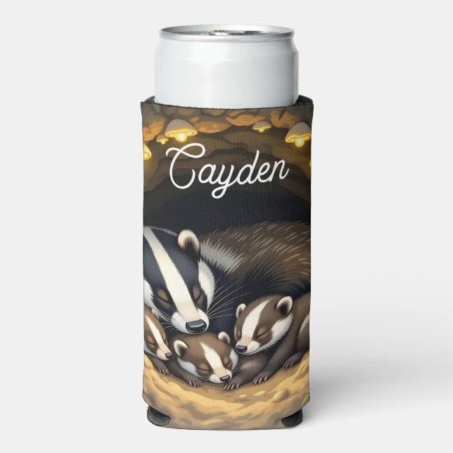Cute  Badger Family Personalised Seltzer Can Cooler (Seltzer Front)