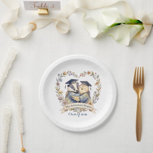 Cute Badger & Penguin Graduation Hug Personalised Paper Plate (Wedding)