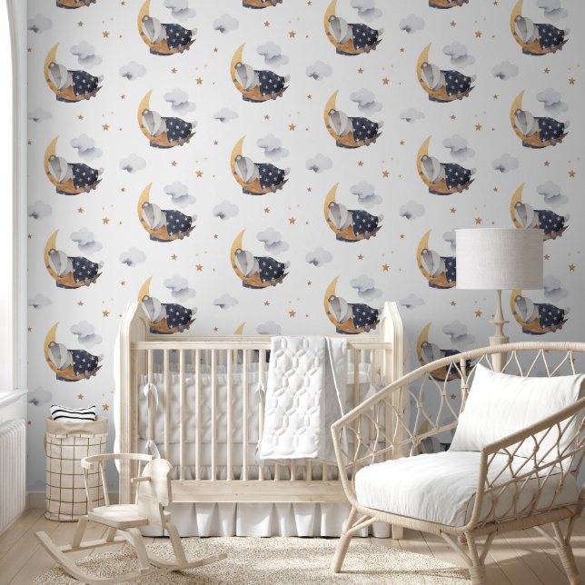 Cute Badger Sleeping on Moon with Blanket Nursery Wallpaper (Kids)