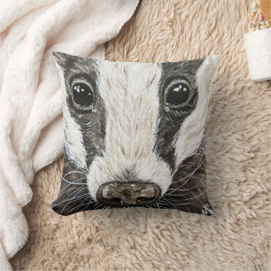 Cute Badger Wildlife Nature Portrait Watercolour Cushion