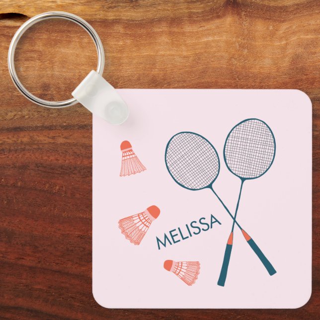 Cute Badminton Birdie Racquet CUSTOM Retro Key Ring (Front)