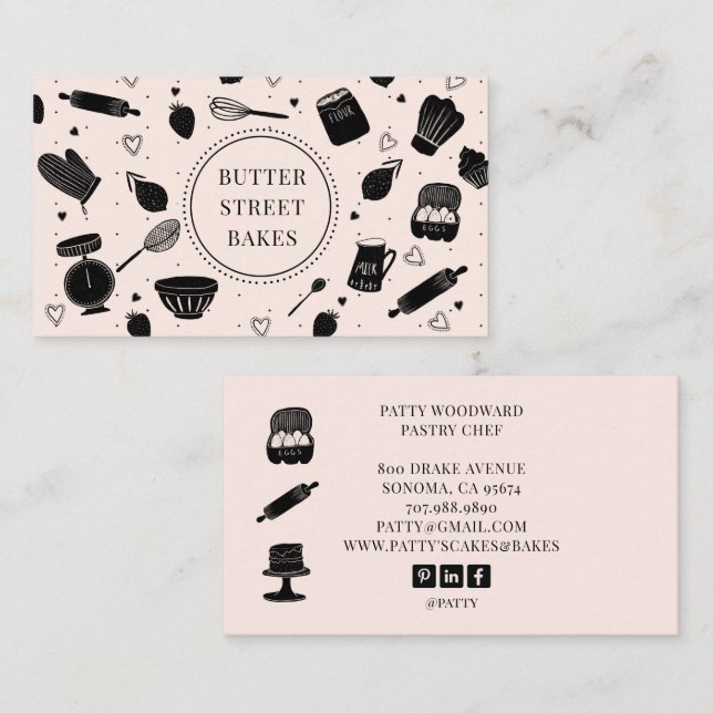 Cute Baker Pastry Chef Baking Utensils Pink Black Business Card (Front/Back)