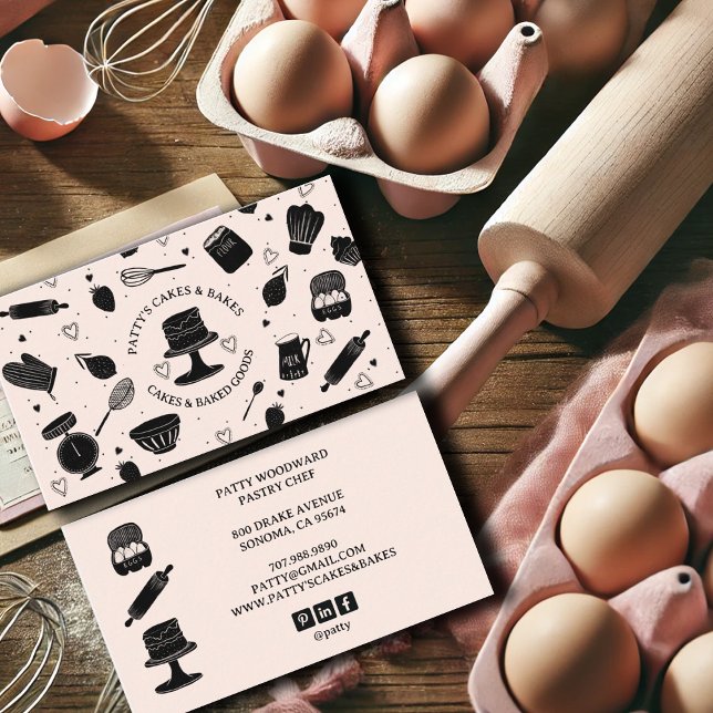 Cute Baker Pastry Chef Baking Utensils Pink Black Business Card (Creator Uploaded)