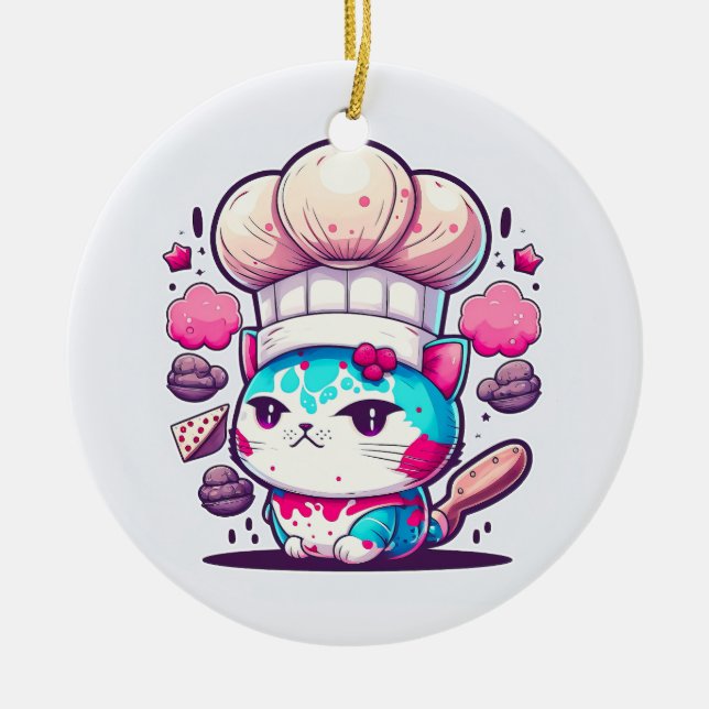 Cute Baker Pastry Chef Cat Kitten with Bread | Ceramic Ornament (Front)