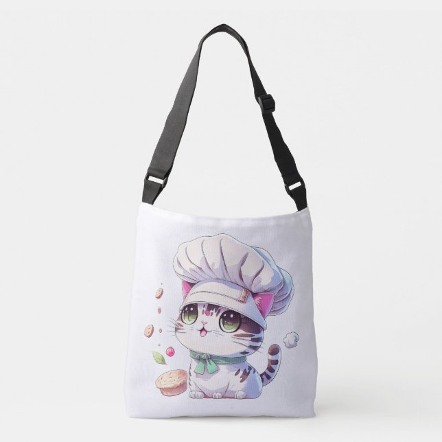 Cute Baker Pastry Chef Cat Kitten with Bread | Crossbody Bag (Front)