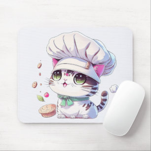Cute Baker Pastry Chef Cat Kitten with Bread   Mouse Pad