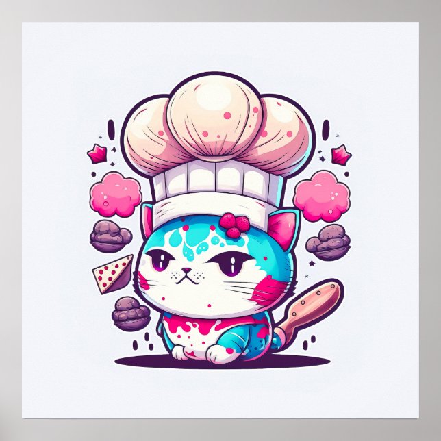 Cute Baker Pastry Chef Cat Kitten with Bread | Poster (Front)