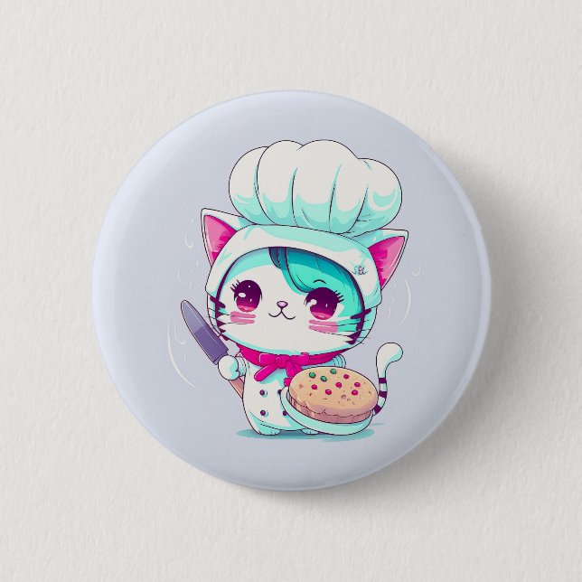 Cute Baker Pastry Chef Cat with Cake and Knife | 6 Cm Round Badge (Front)