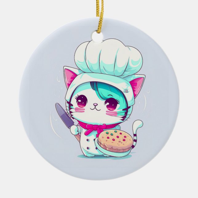 Cute Baker Pastry Chef Cat with Cake and Knife | Ceramic Ornament (Front)