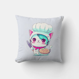 Cute Baker Pastry Chef Cat with Cake and Knife   Cushion
