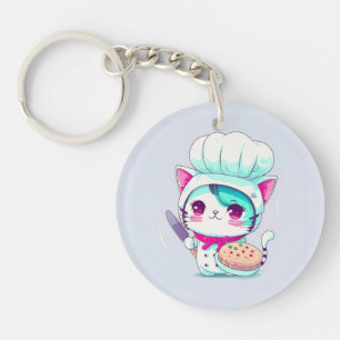 Cute Baker Pastry Chef Cat with Cake and Knife   Key Ring