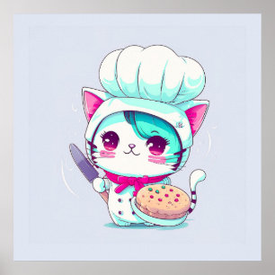 Cute Baker Pastry Chef Cat with Cake and Knife Poster