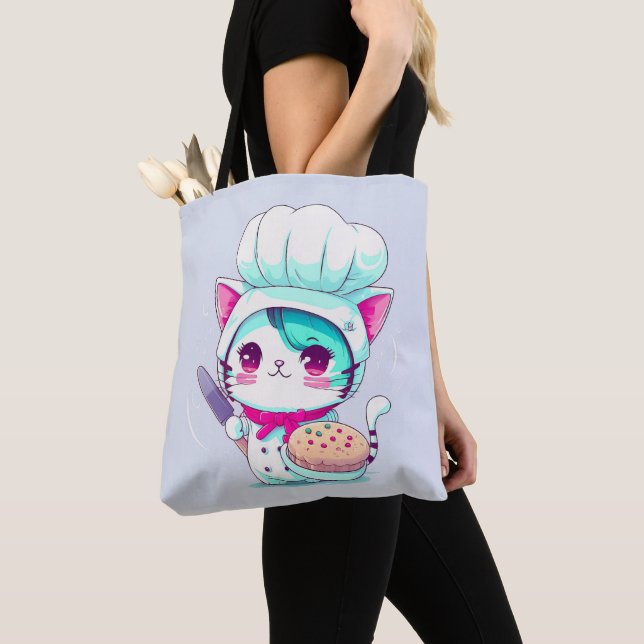 Cute Baker Pastry Chef Cat with Cake and Knife | Tote Bag (Close Up)