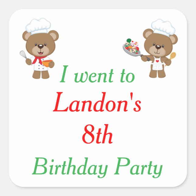 Cute Baking Bear Birthday Party 'I went to' Square Sticker (Front)