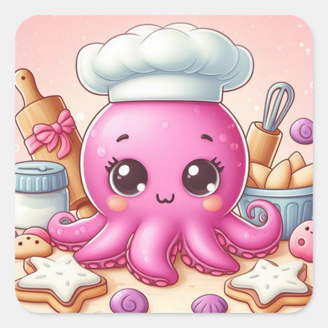 Cute baking octopus square sticker (Front)