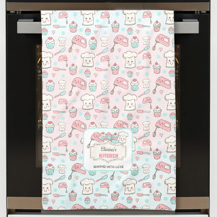 Cute Baking Pink Blue Cupcake Name Tea Towel