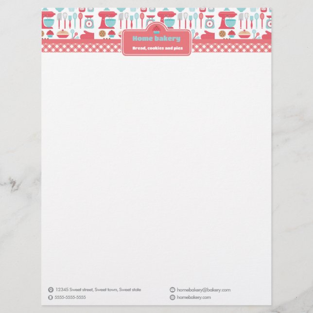 Cute Baking Utensils On Red Gingham Custom Letterhead (Front)