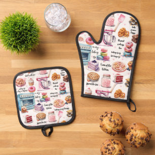 Cute Baking Watercolor Pastry Custom Quotes Funny Oven Mitt & Pot Holder Set