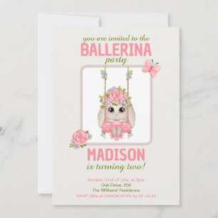 Cute ballerina bunny girl birthday pink floral invitation