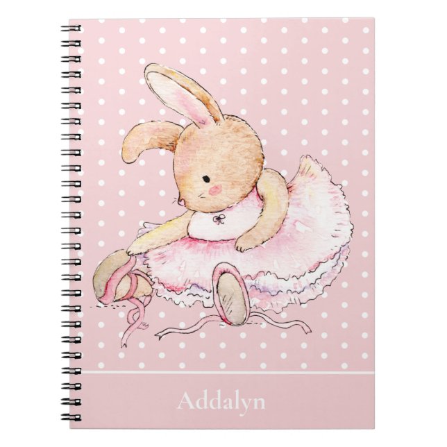 Cute Ballerina Bunny Rabbit Pink Tutu Polka Dots Notebook (Front)