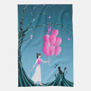 Cute Ballerina & Cat Night Sky Blue Tea Towel