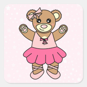Cute Ballerina Dancing Teddy Bear - Pink Square Sticker