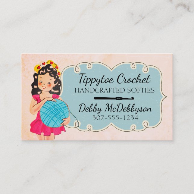 Cute ballerina girl crochet hook ball of yarn business card (Front)