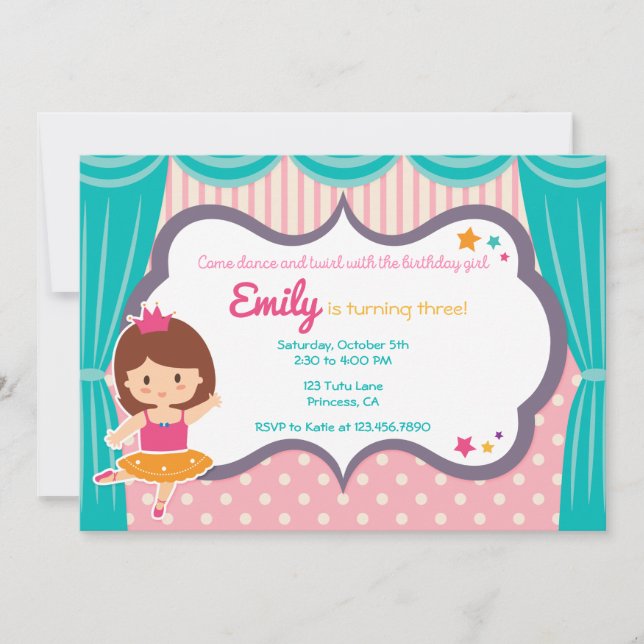 Cute Ballerina Girl Pink Birthday Party Invitation (Front)