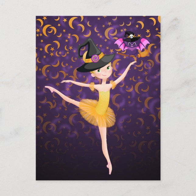 Cute Ballerina Halloween Bat and Moons Ballet Postcard (Front)